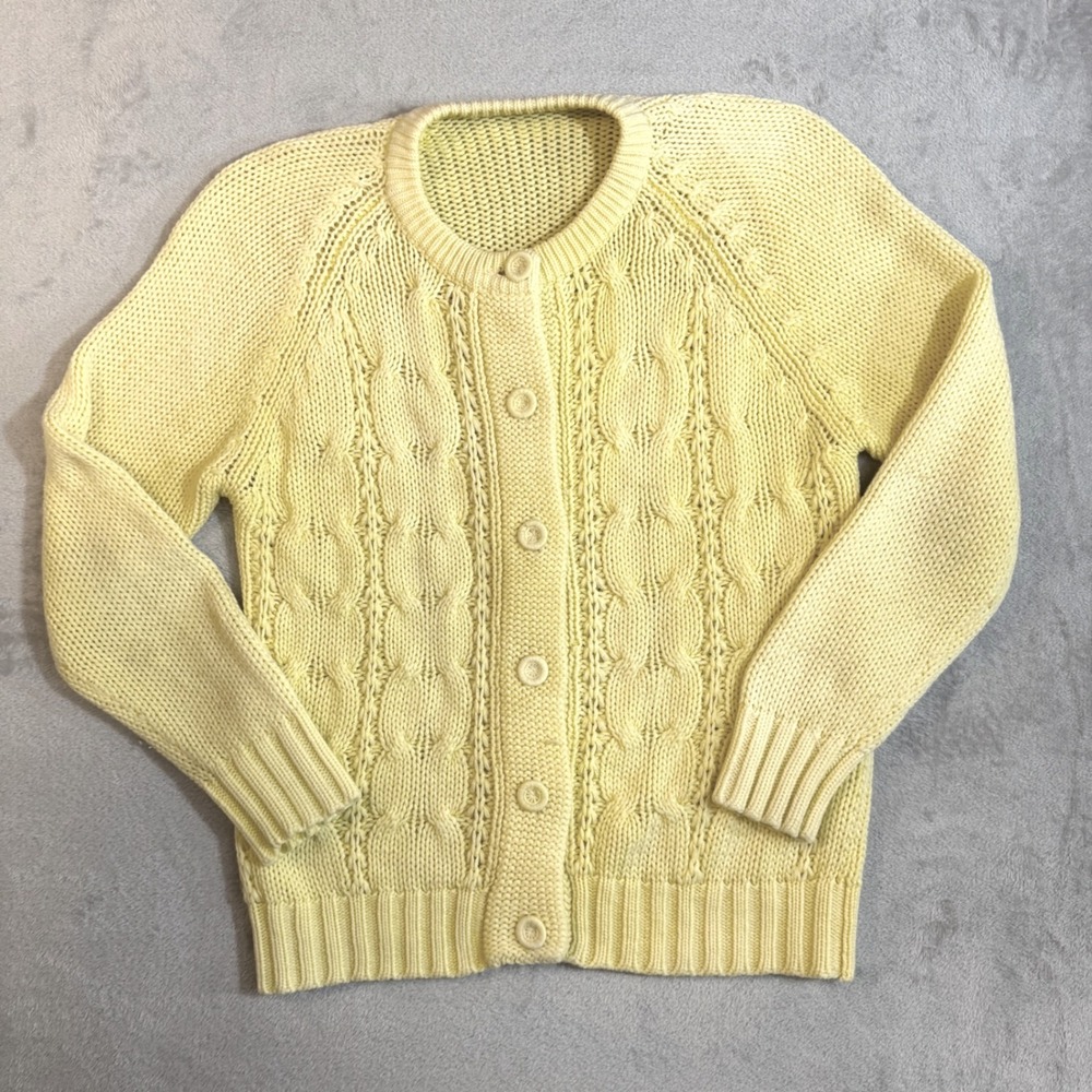 Vintage Hand Knit Cable Cardigan Sweater Yellow Crew Neck Raglan Chunky Knit